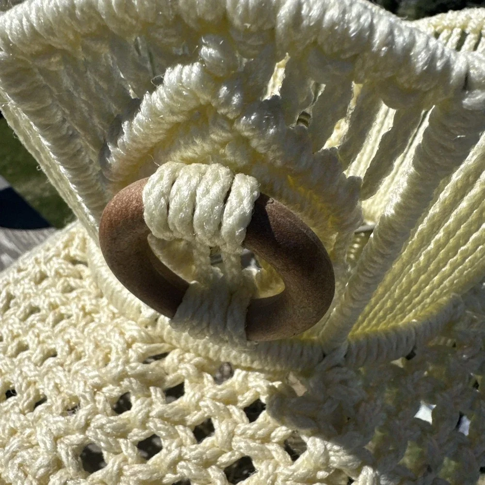 Large Vintage Macrame Hanging Swag Lamp Shade Only Ivory Wood 70s Boho Handmade